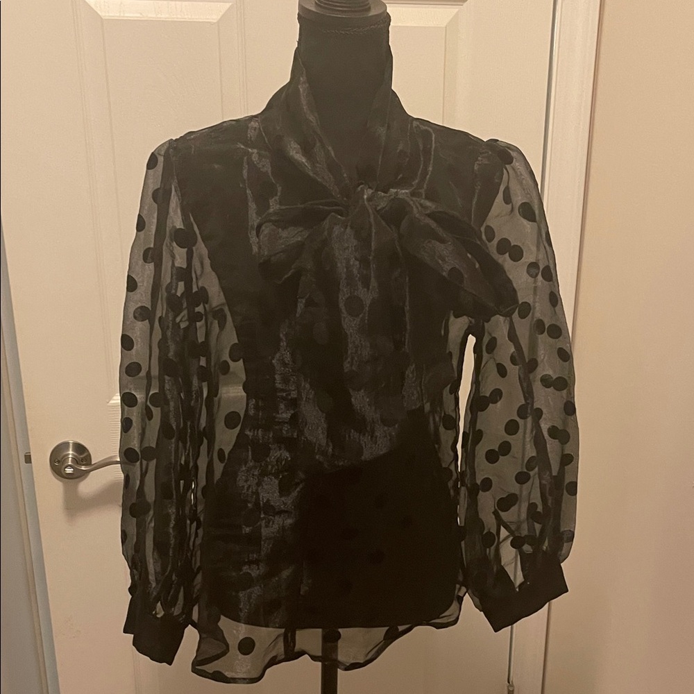 Love By Design Black Sheer Polka Dot Tie-Neck Blouse